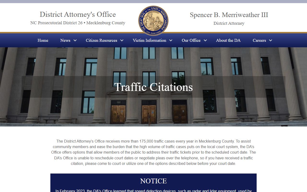 Charlotte-Mecklenburg DA traffic citation resources for Charlotte traffic court records