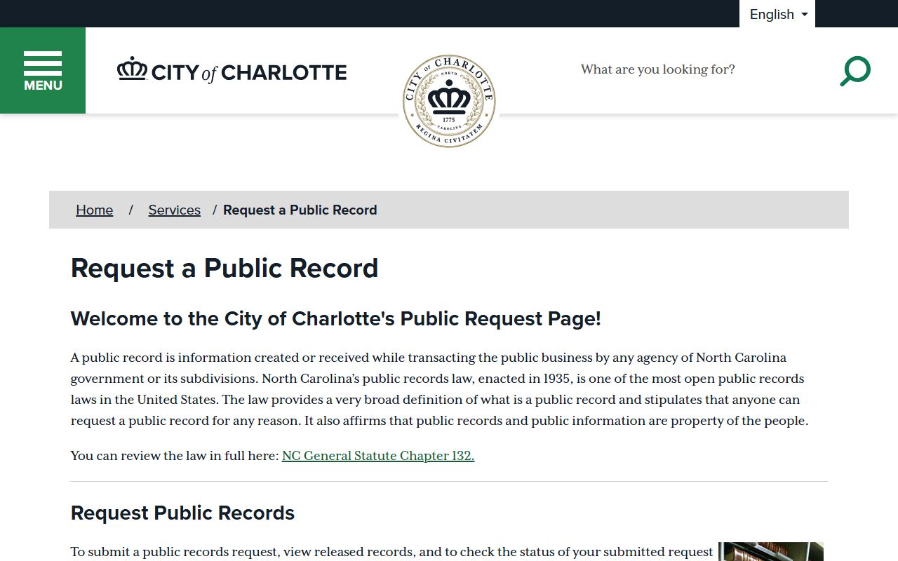 City of Charlotte public records page for Charlotte traffic court records
