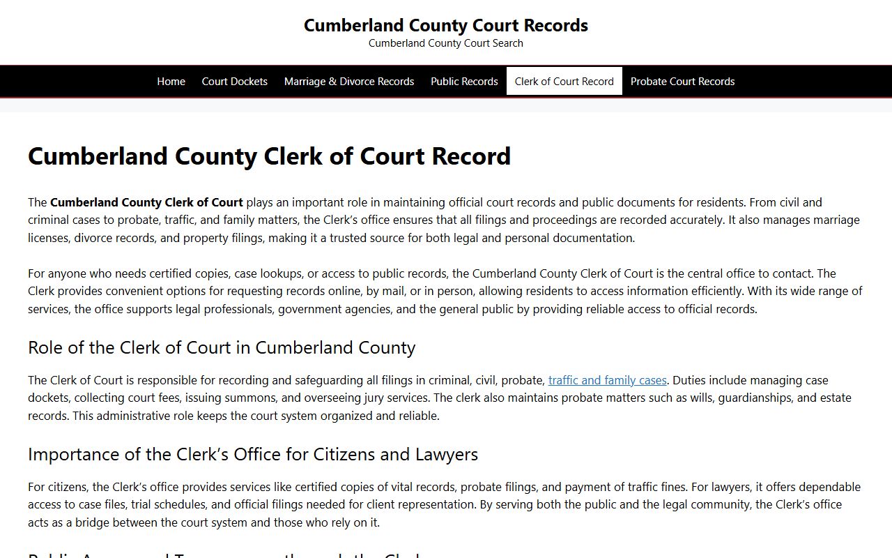 Cumberland County Clerk of Superior Court website for traffic records