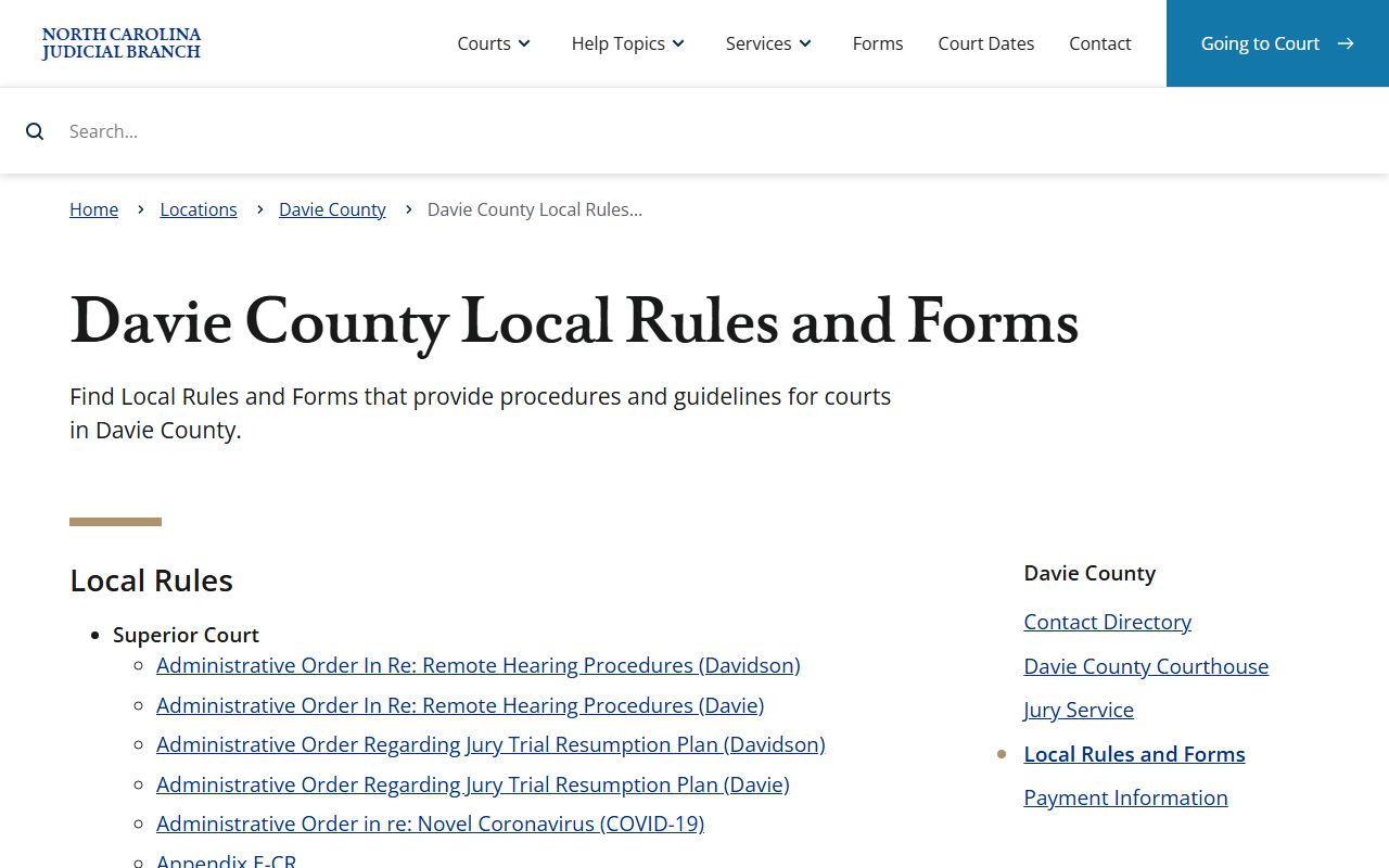 Davie County local court rules for traffic cases