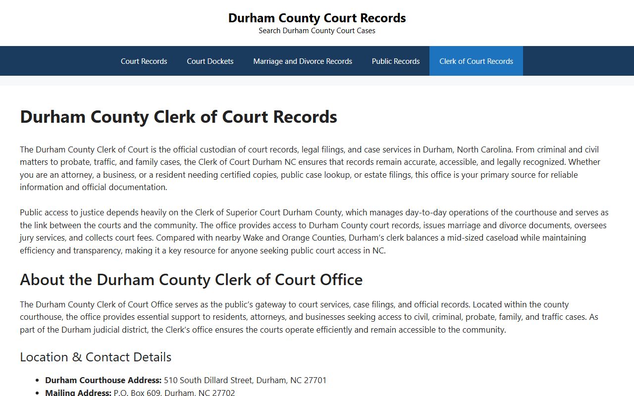 Durham County Clerk of Superior Court website for traffic records