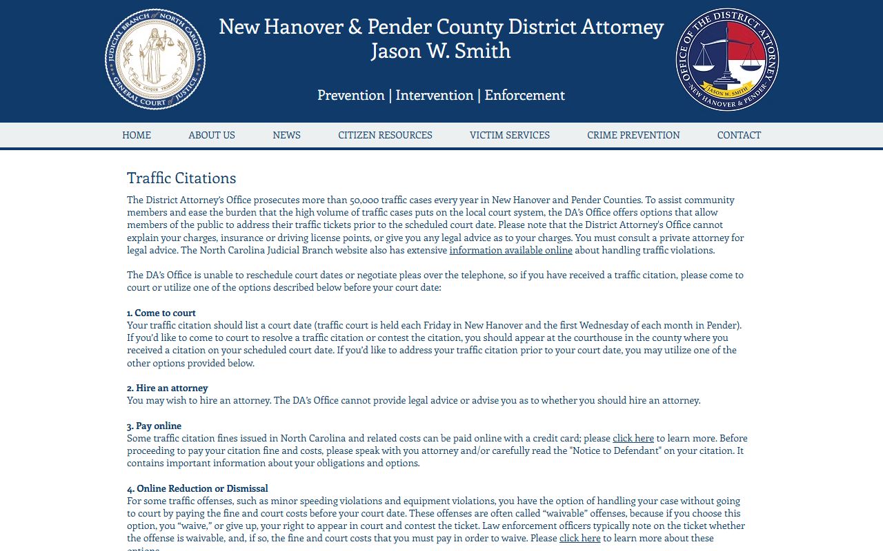 New Hanover County District Attorney traffic citations page