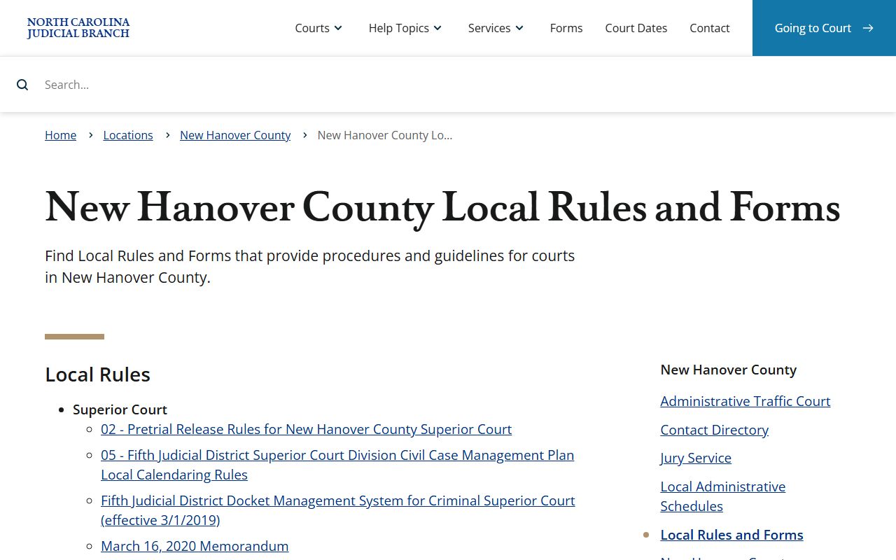 New Hanover County local rules and forms for traffic court