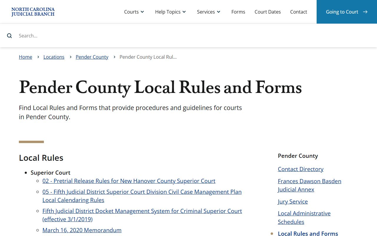 Pender County local rules for traffic court