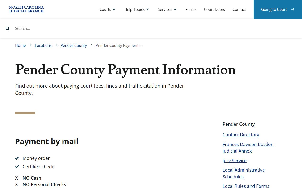 Pender County payment information for traffic tickets