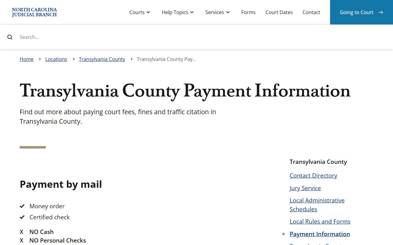 Transylvania County payment information for traffic court records