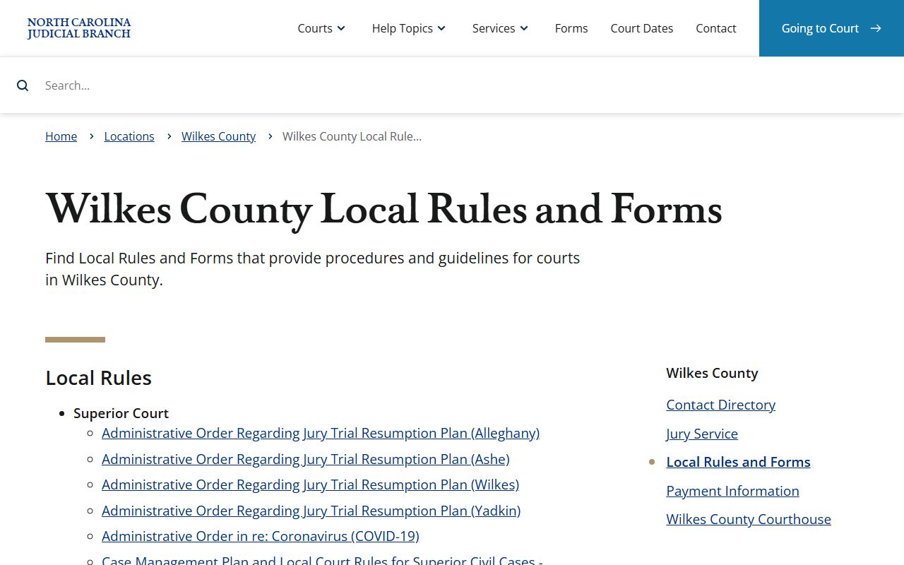 Wilkes County local rules for traffic court cases