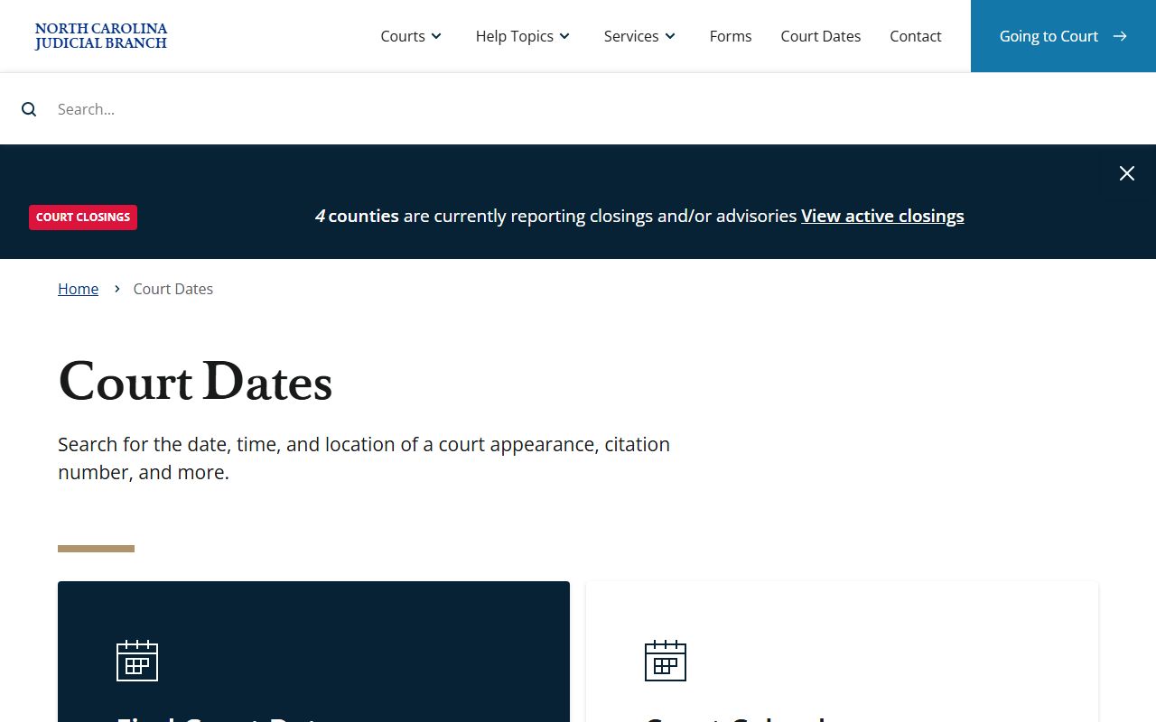North Carolina court dates search page for traffic court records