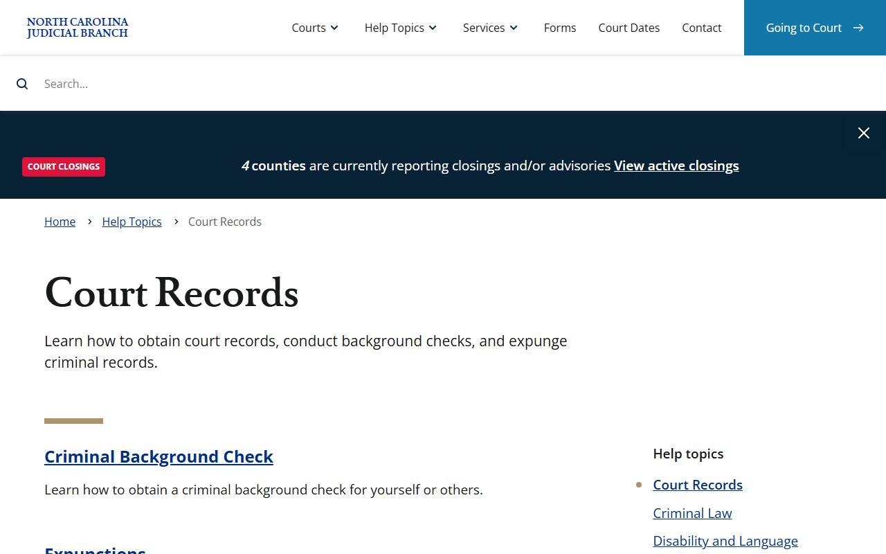 North Carolina court records help topics for traffic court records