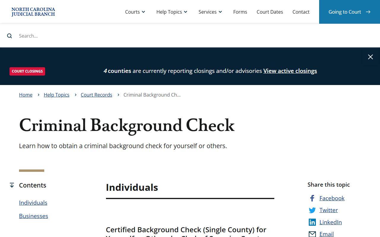North Carolina criminal background check page related to traffic court records