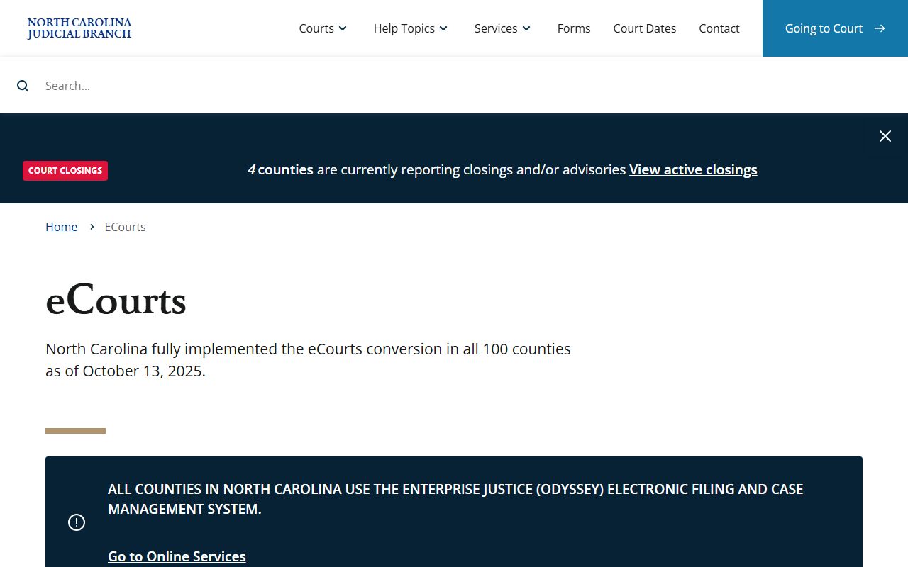 North Carolina eCourts information page for traffic court records