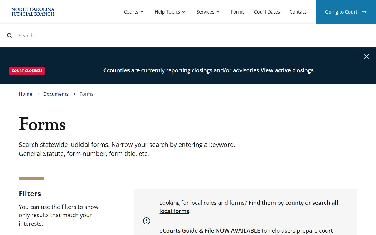 North Carolina court forms database for traffic court records