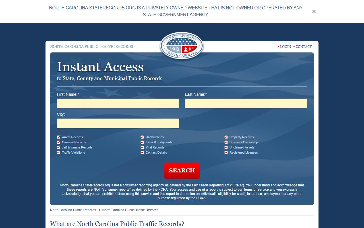 North Carolina public traffic records search page