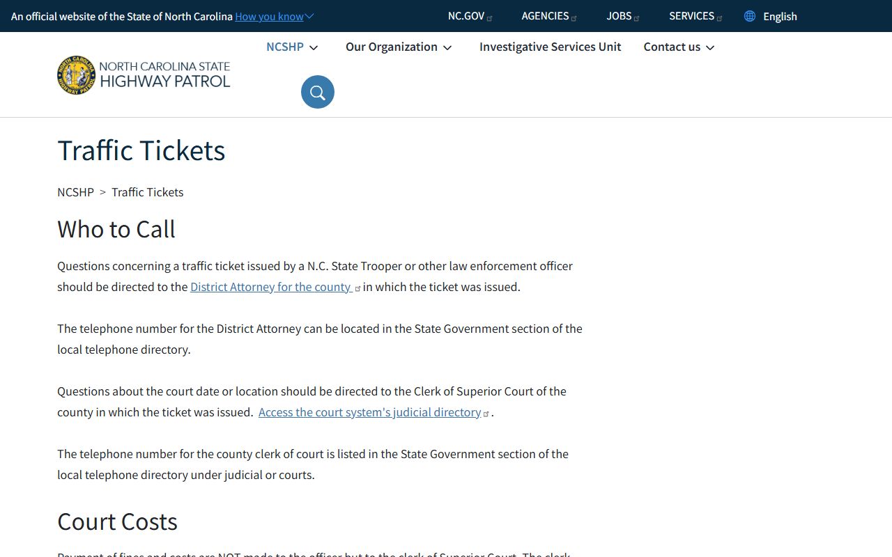 North Carolina State Highway Patrol page for traffic court records