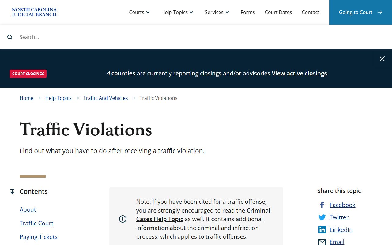 North Carolina traffic violations information for traffic court records